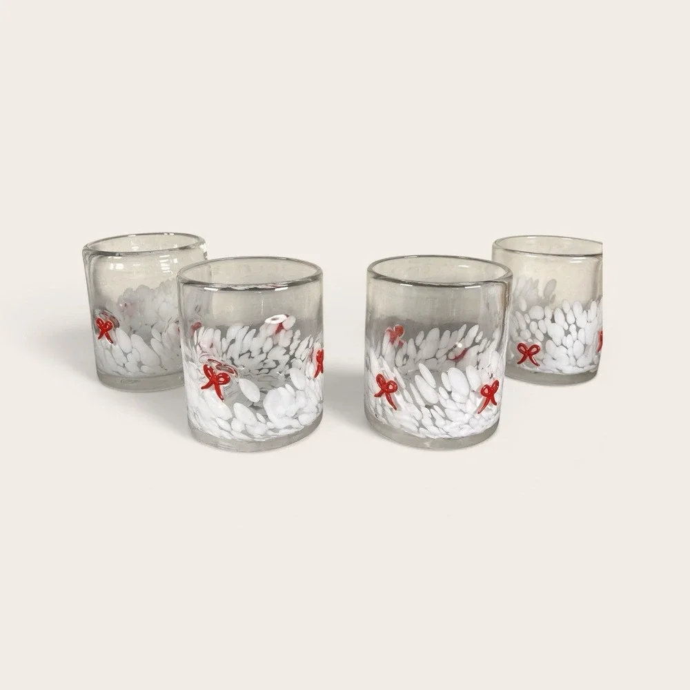 Bubble Glass Swirl Red Bow Tumblers 4 Christmas in July Anthro Style Kitsch